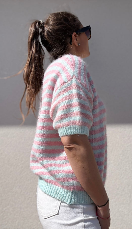 PULL MANCHES COURTES RAYE ROSE/BLEU