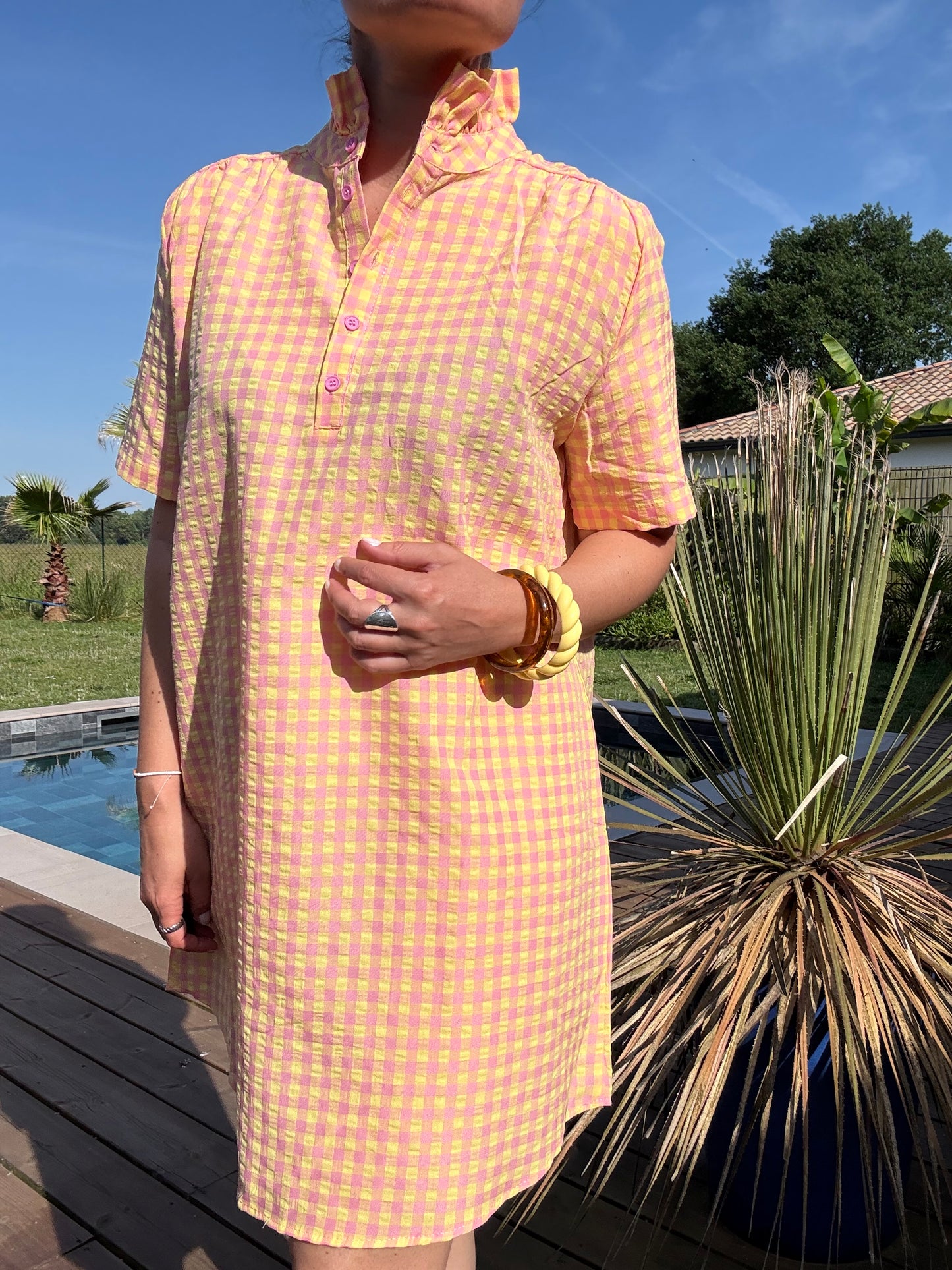 ROBE VICHY COL VICTORIEN JAUNE / ROSE
