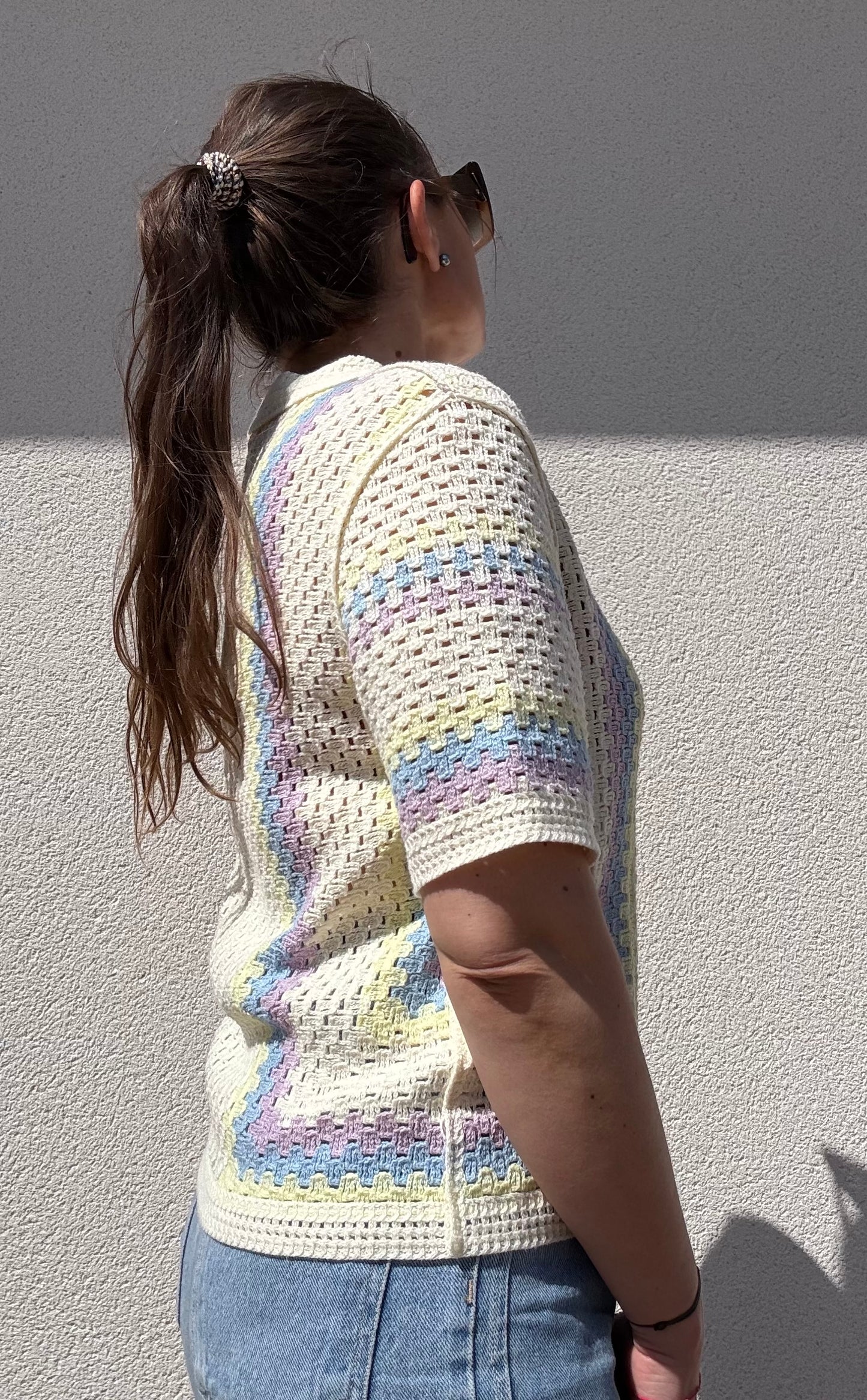 POLO EN CROCHET JAUNE/VIOLET
