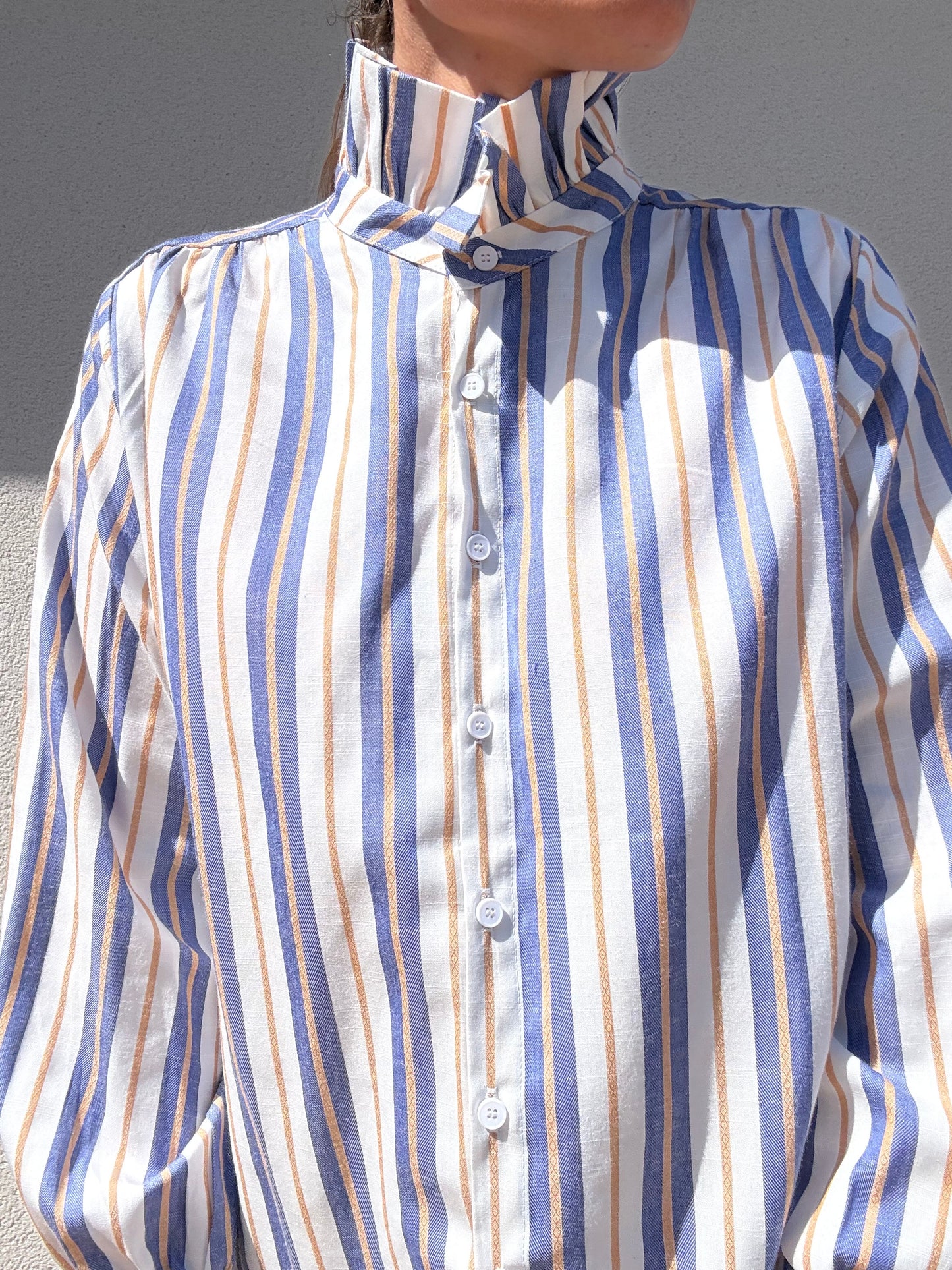 CHEMISE COL VICTORIEN RAYEE BLEU BEIGE