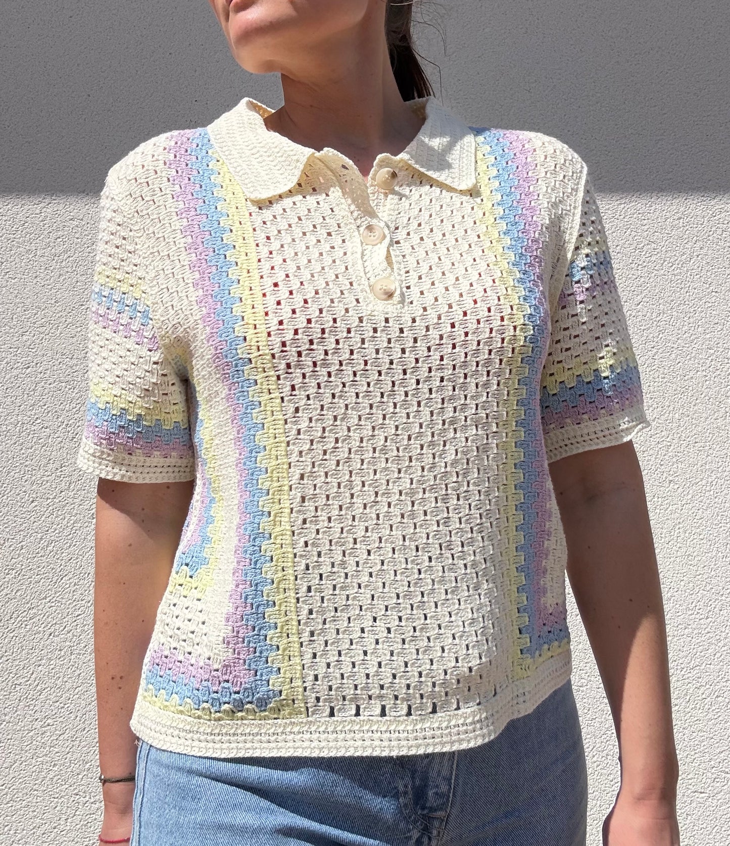 POLO EN CROCHET JAUNE/VIOLET